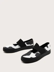 Cow Print Slip On Canvas Shoes - Black and White - View 1