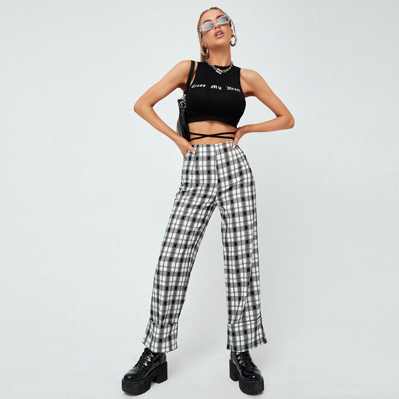 

Plaid Straight Leg Pants, Black and white