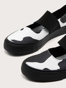Cow Print Slip On Canvas Shoes - Black and White - View 4