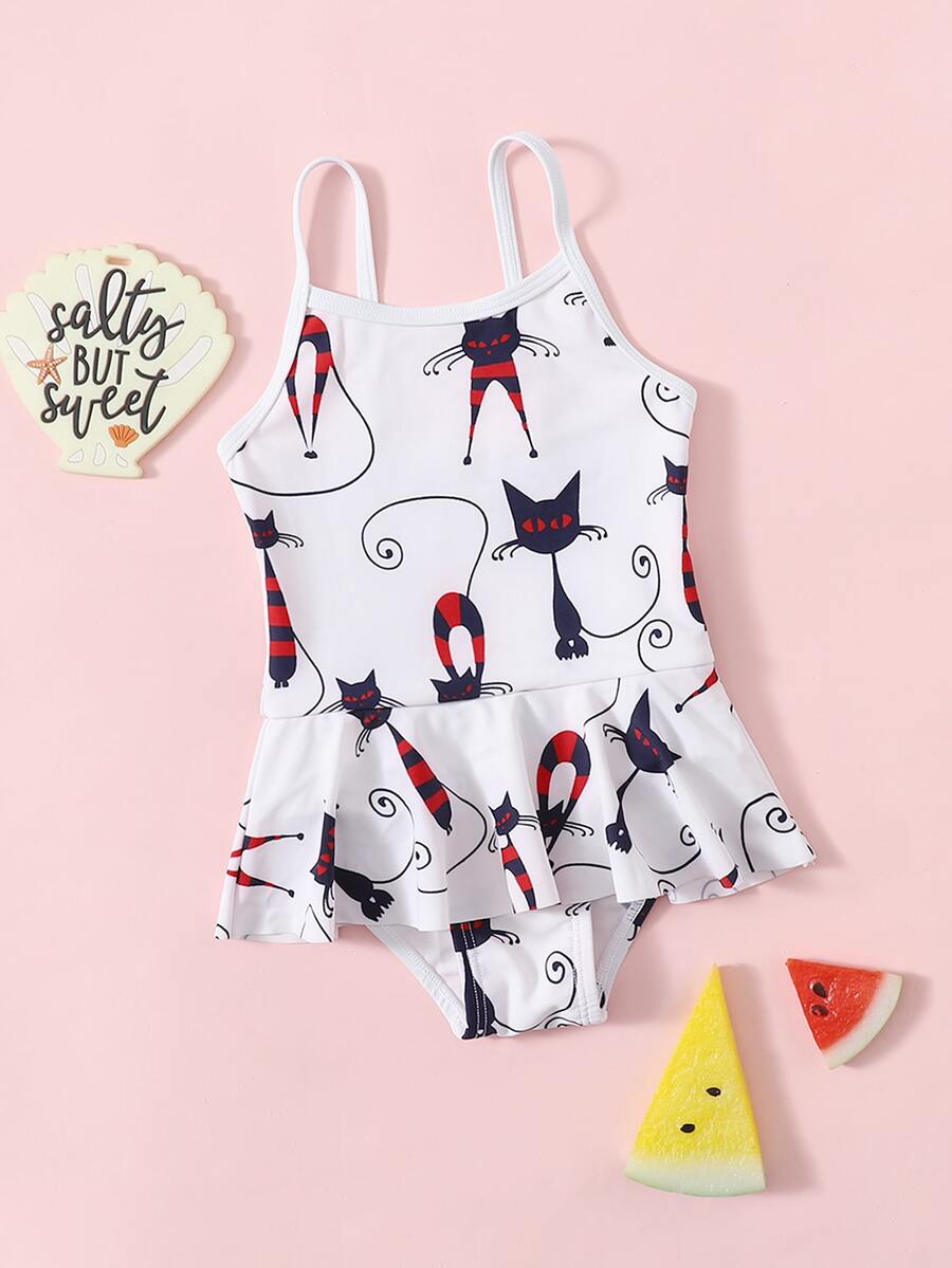 Traje De Baño De Una Pieza Con Volantes Y Estampado De Gato Para Niñas Bebés - Blanco - Ver 1