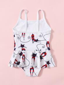 Traje De Baño De Una Pieza Con Volantes Y Estampado De Gato Para Niñas Bebés - Blanco - Ver 2