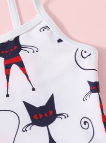 Traje De Baño De Una Pieza Con Volantes Y Estampado De Gato Para Niñas Bebés - Blanco - Ver 3