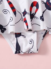 Traje De Baño De Una Pieza Con Volantes Y Estampado De Gato Para Niñas Bebés - Blanco - Ver 4