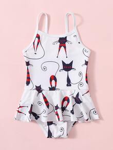 Traje De Baño De Una Pieza Con Volantes Y Estampado De Gato Para Niñas Bebés - Blanco - Ver 5