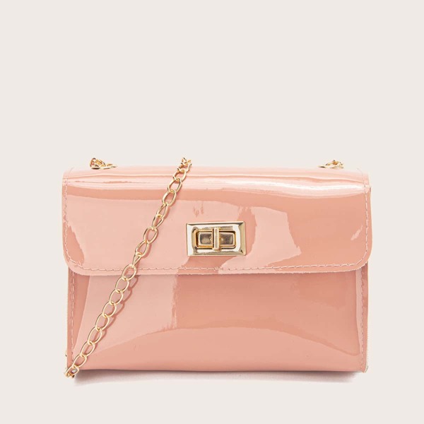 

Turn-Lock Patent Leather Chain Bag, Pink
