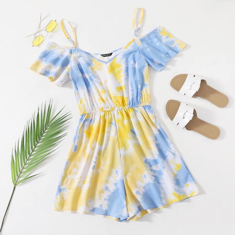 

Tie Dye Cold Shoulder Romper, Multicolor