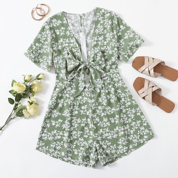 

Ditsy Floral Knot Front Romper, Mint green
