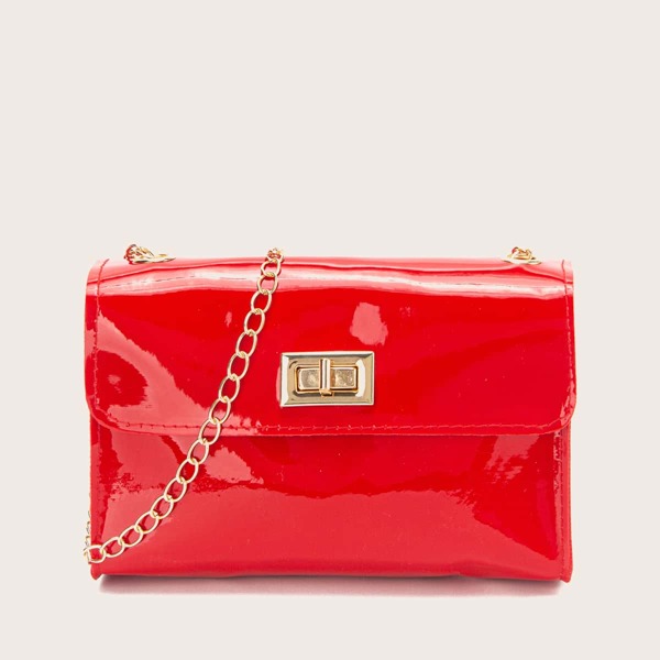 

Turn-Lock Patent Leather Chain Bag, Red