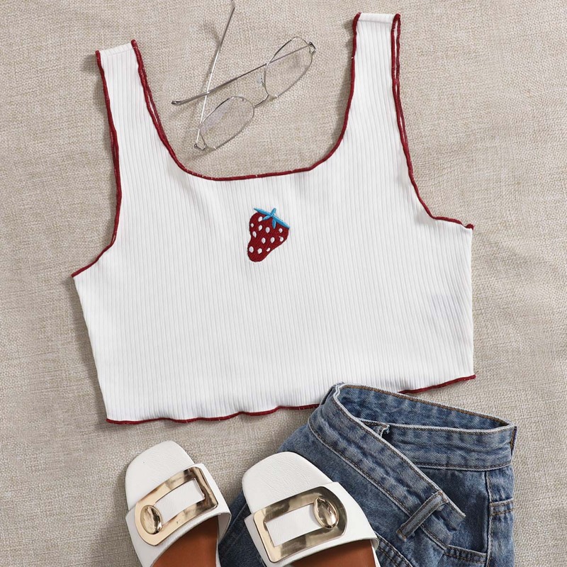 

Strawberry Embroidered Crop Tank Top, White