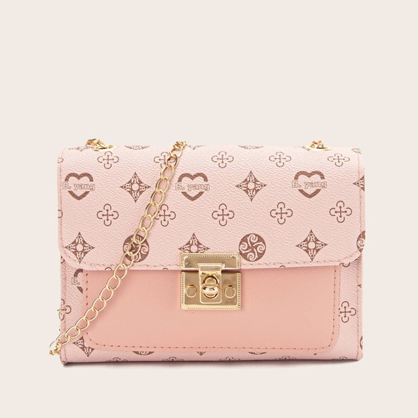 

Geometric Graphic Twist Lock Chain Bag, Pink