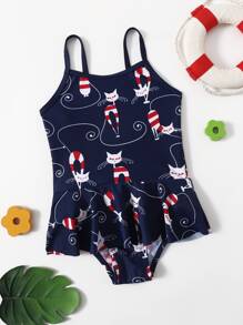 Bañador una pieza con fruncido con estampado de gato - Azul Marino - Ver 1