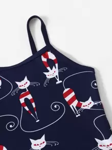 Bañador una pieza con fruncido con estampado de gato - Azul Marino - Ver 3