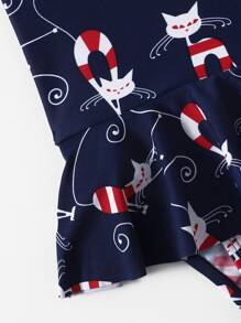 Bañador una pieza con fruncido con estampado de gato - Azul Marino - Ver 4