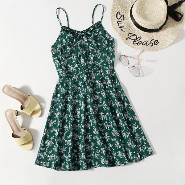 

Tie Front Frill Trim Ditsy Floral Cami Dress, Multicolor