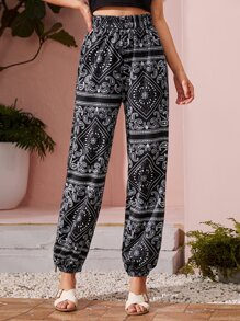 佩斯利圖案褲子 - 黑與白 - 查看 1