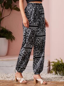 佩斯利圖案褲子 - 黑與白 - 查看 3