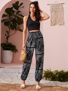 佩斯利圖案褲子 - 黑與白 - 查看 4