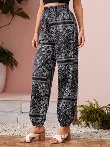 佩斯利圖案褲子 - 黑與白 - 查看 5