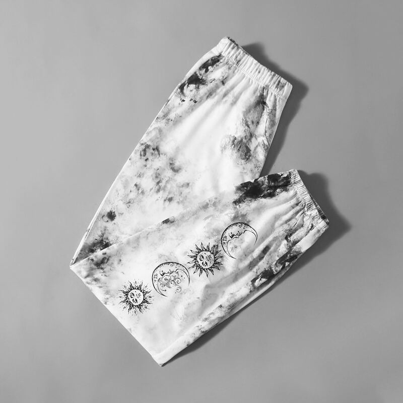 

Sun & Moon Graphic Tie Dye Sweatpants, Black and white