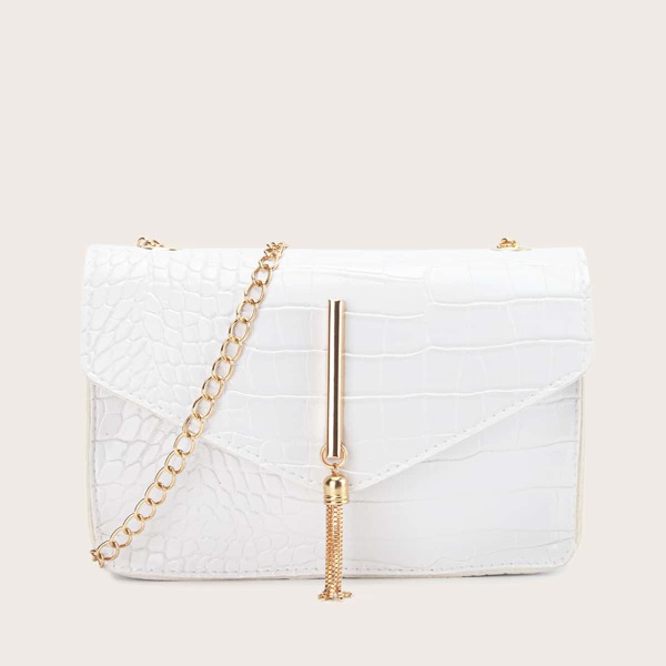 

Croc Embossed Tassel Decor Crossbody Bag, White