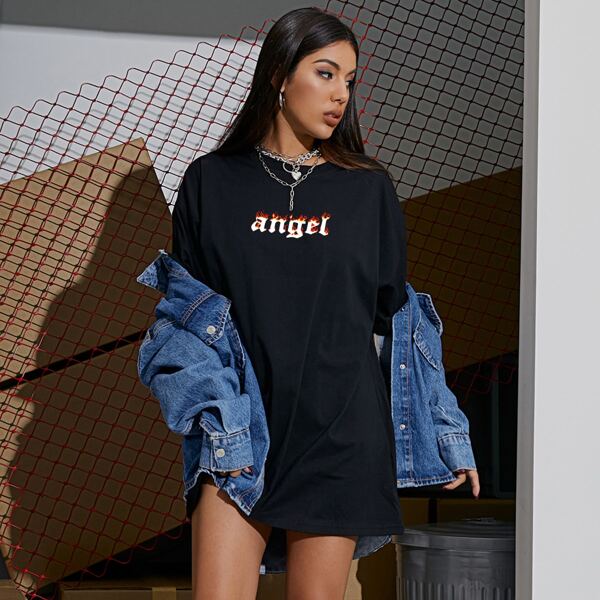 

Drop Shoulder Letter Graphic Oversized Tee, Black