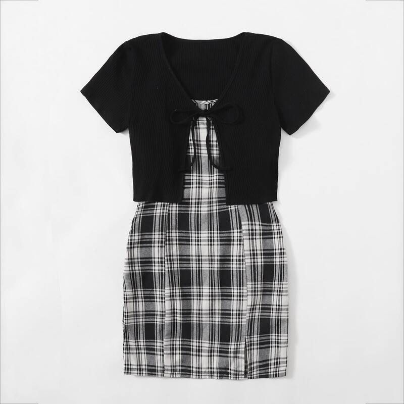 

Solid Ribbed Tie Front Crop Top & Plaid Dress, Black and white