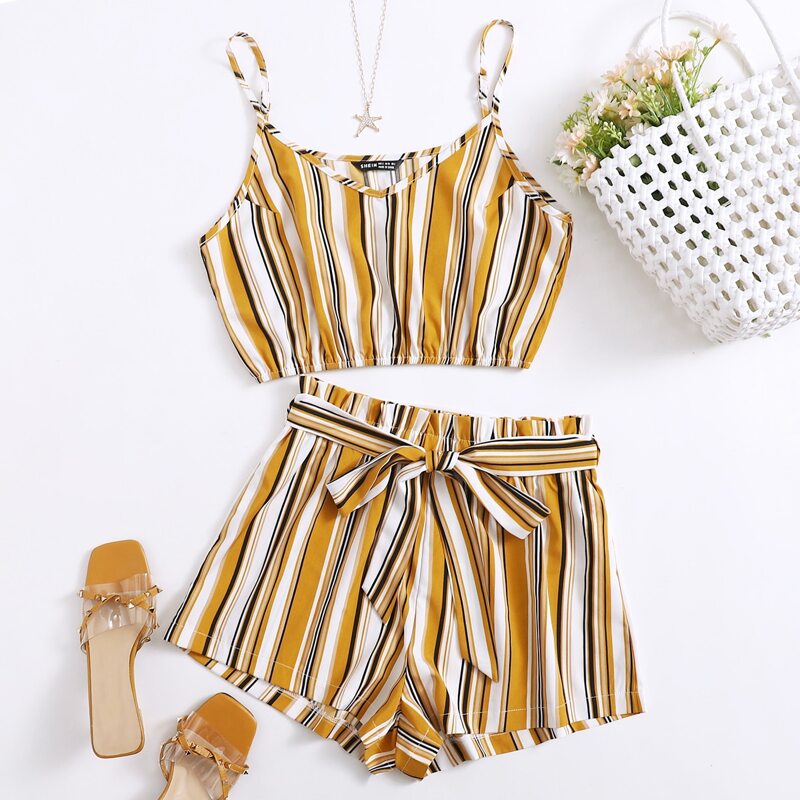 

Striped Print Crop Cami Top With Belted Shorts, Multicolor