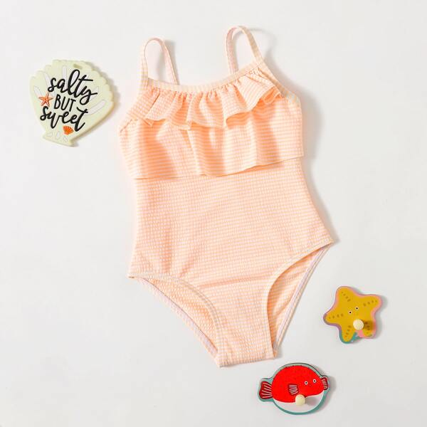 

Baby Girl Striped Ruffle One Piece Swimsuit, Coral orange