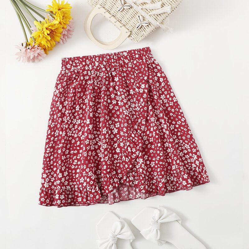 

Ditsy Floral Elastic Waist Wrap Skirt, Red and white