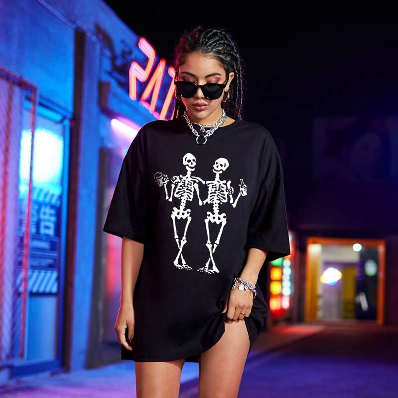 

Drop Shoulder Skeleton Print Oversized Tee, Black