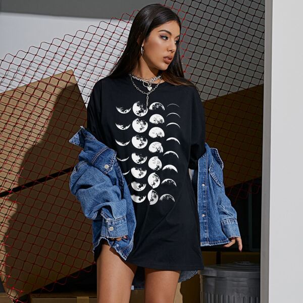 

Drop Shoulder Moon Print Oversized Tee, Black