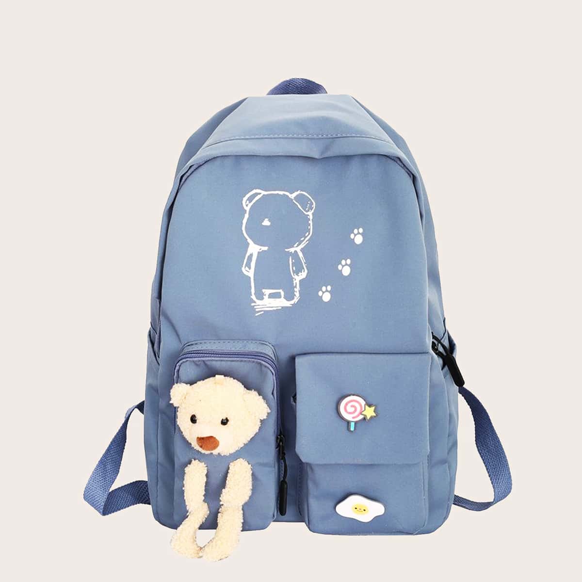 

Cartoon Decor Pocket Front Backpack, Blue