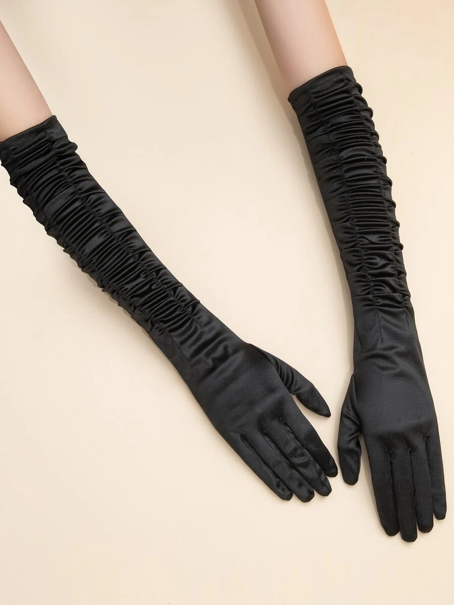 Ruched Elbow Gloves - Black - View 1