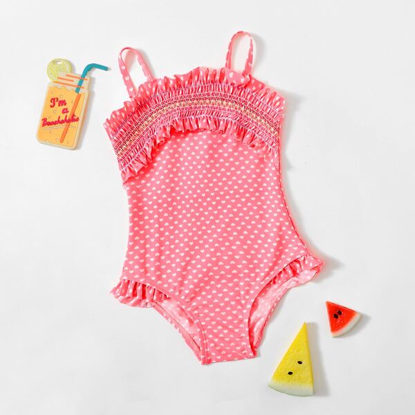 

Toddler Girls Heart Print Ruffle One Piece Swimsuit, Watermelon pink