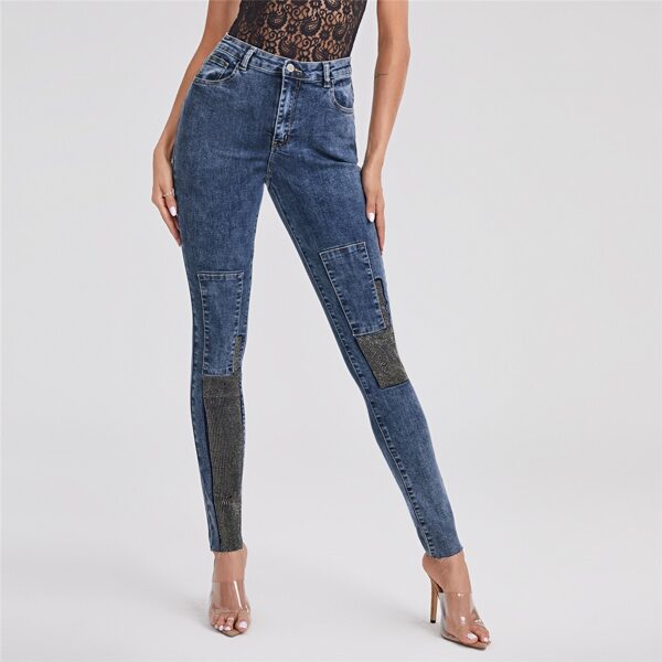 

Rhinestone Patched Skinny Jeans, Dark wash