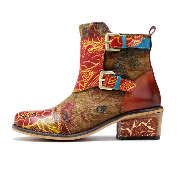 

Leaf Pattern Buckle Decor Leather Ankle Boots, Multicolor