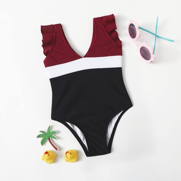 

Baby Girl Color Block Ruffle One Piece Swimsuit, Multicolor