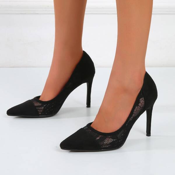 

Wide Fit Stiletto Heeled Lace Court Pumps, Black
