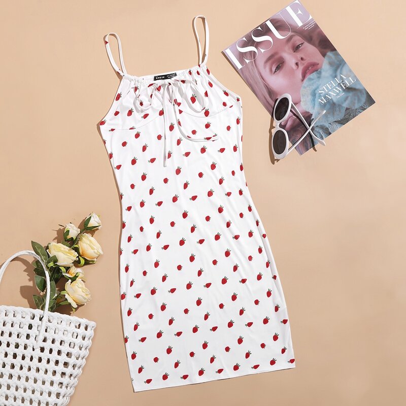 

Strawberry Print Cami Bodycon Dress, White