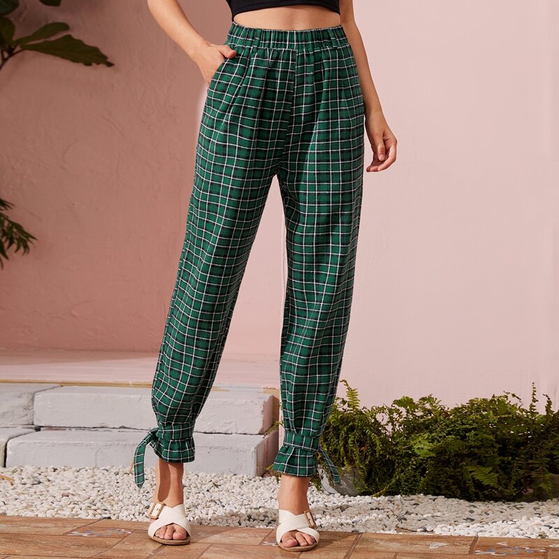 

Plaid Knot Hem Pants, Dark green