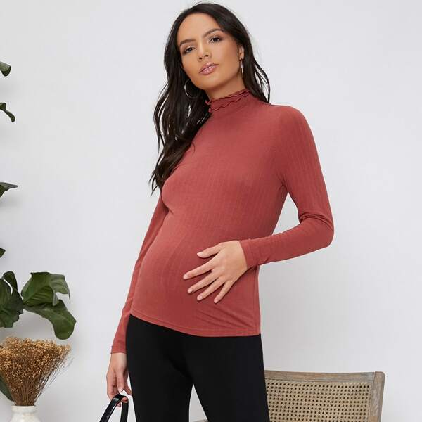 

Maternity Lettuce Edge Mock Neck Rib-knit Tee, Redwood