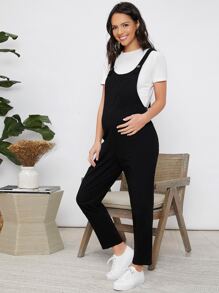 SHEIN Maternity Solid Pinafore Jumpsuit Without Tee - Black - View 5