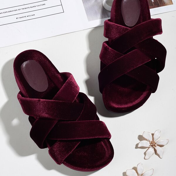 

Cross Strap Velvet Slide Sandals, Hot pink