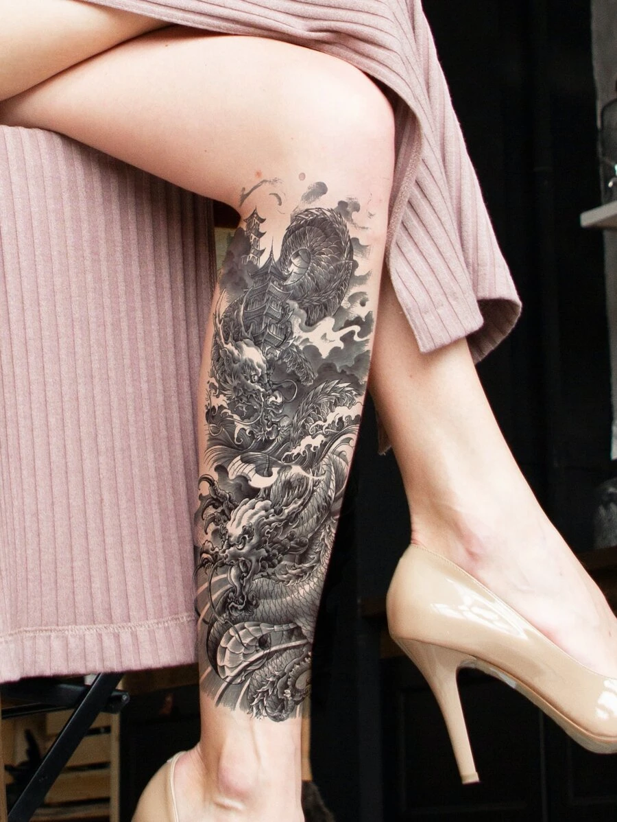 Etiqueta engomada del tatuaje, 1 hoja de tatuajes temporales de dragón chino grande para hombres, mujeres, piernas, pegatinas de tatuajes falsos de animales para adultos, dragón de tatuaje realista negro, para mujeres y niñas - Negro - Ver 1