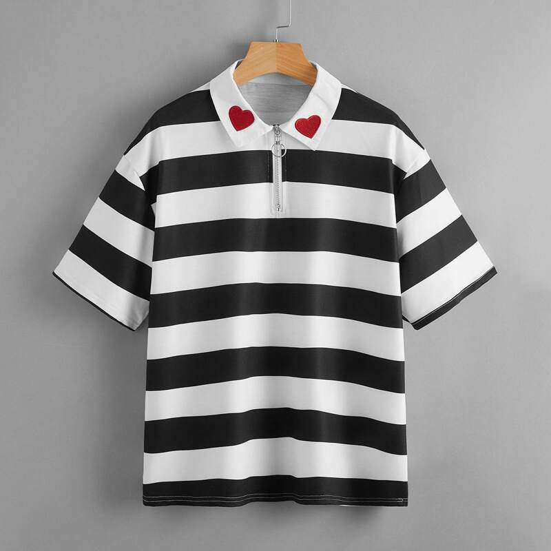 

Heart Embroidery Striped Half Zip Oversized Tee, Black and white