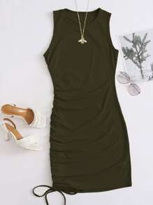 Plus Ribbed Drawstring Side Bodycon Dress - Dark Green - View 1