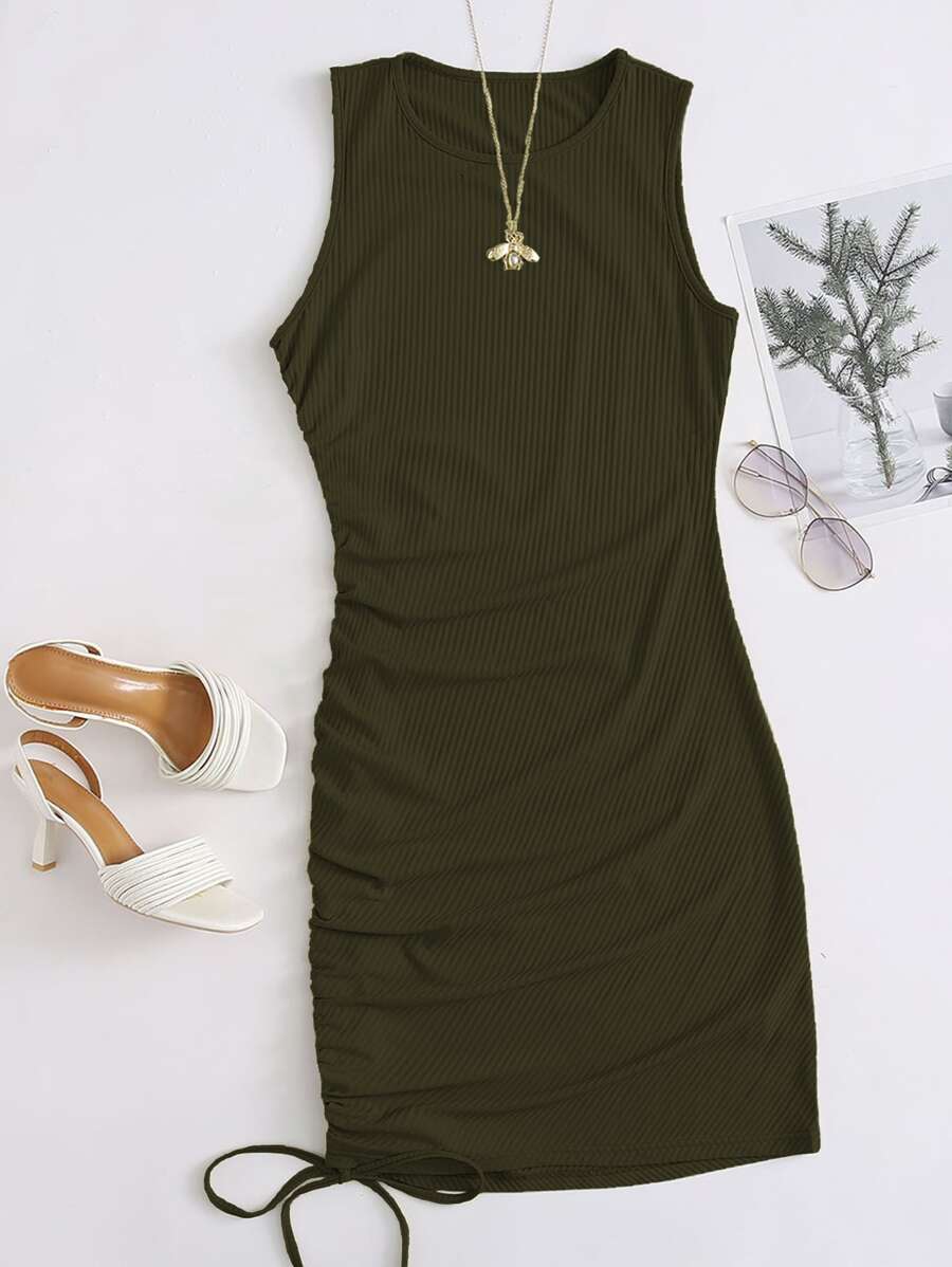 Plus Ribbed Drawstring Side Bodycon Dress - Dark Green - View 1