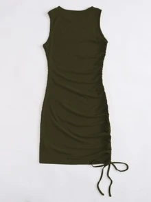 Plus Ribbed Drawstring Side Bodycon Dress - Dark Green - View 2