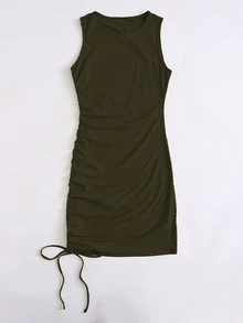 Plus Ribbed Drawstring Side Bodycon Dress - Dark Green - View 4
