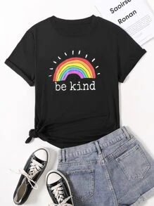 Flirla Plus Rainbow & Slogan Graphic Tee Be Kind - Black - View 1